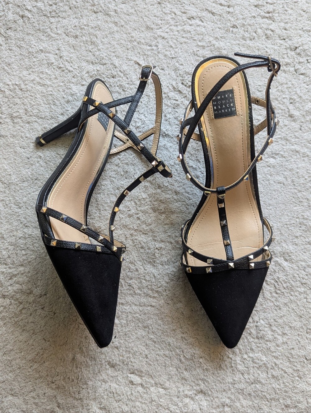 White House Black Market Size 9 Gianna Black Suede Studded Caged Heels
